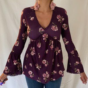 Purple Floral Long Sleeved Blouse with Flares